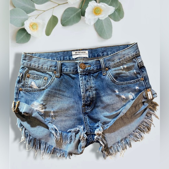 One Teaspoon Pants - One X OneTeaspoon Bandits Distressed Frayed Denim Shorts (27)